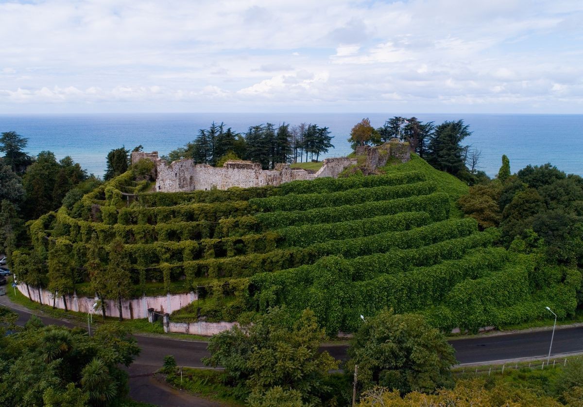 The fortress of Peter in Tsihisdziri in Georgia. Aerial photography.