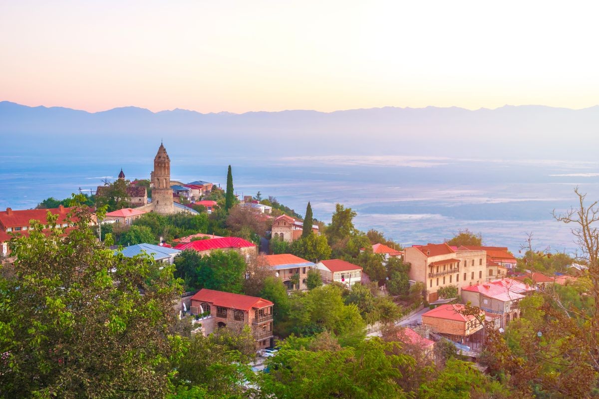 Signagi or Sighnaghi city in Kakheti region in Georgia, sunrise in Sighnaghi.